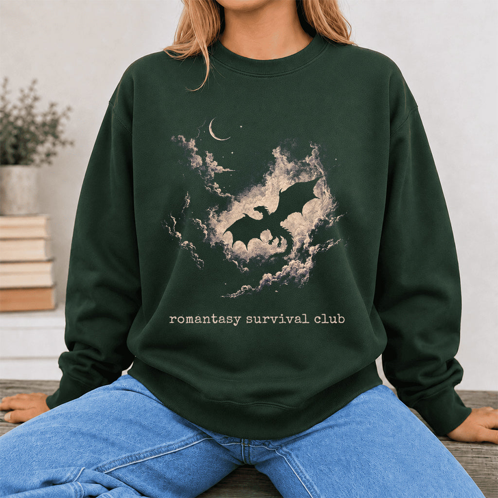 Dark Fantasy Dragon Clouds Crewneck Sweatshirt | Reader Gift Forest Green