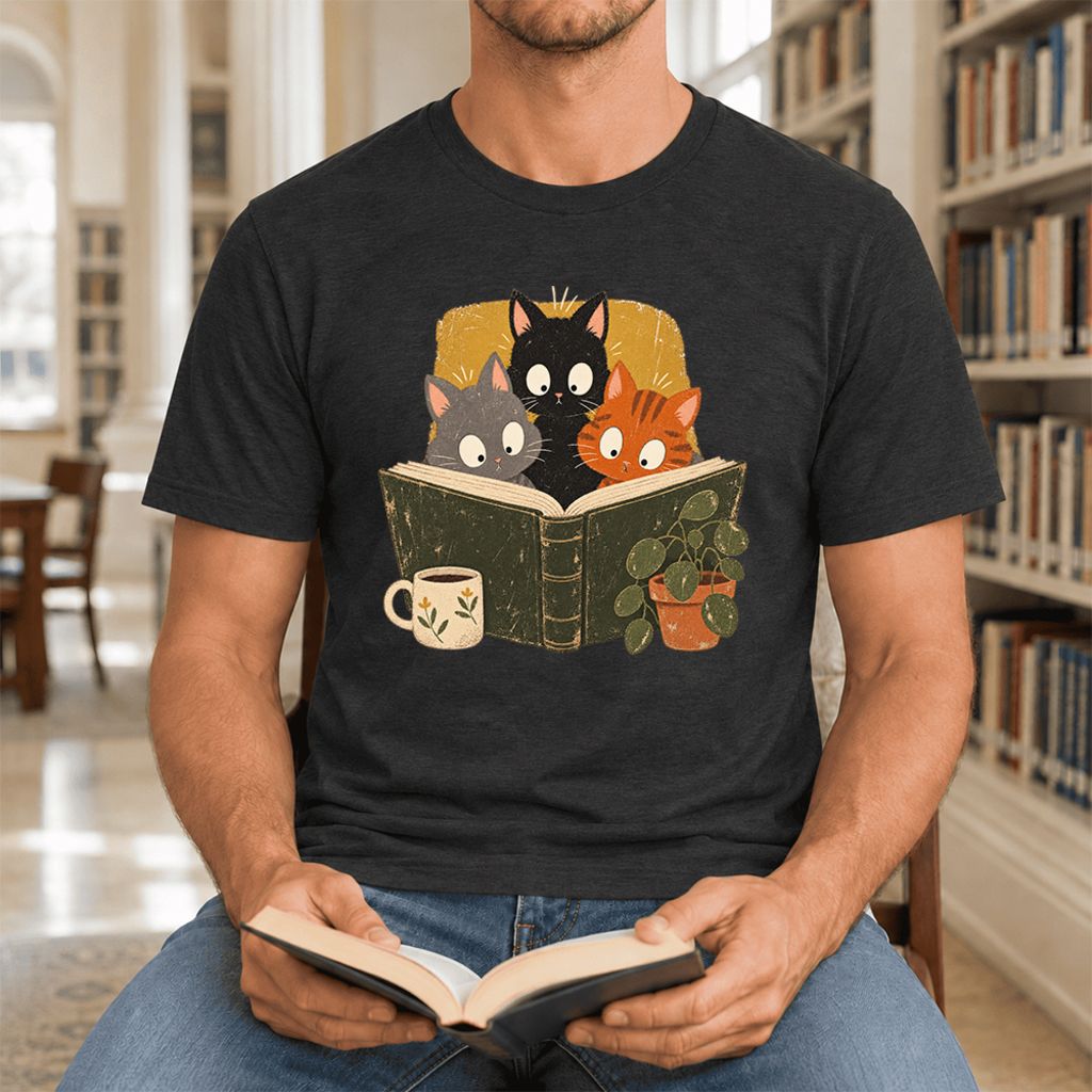 Curious Reading Cats Ultra-Soft Cotton T-Shirt | Cat Lover Reader Gift Black Heather