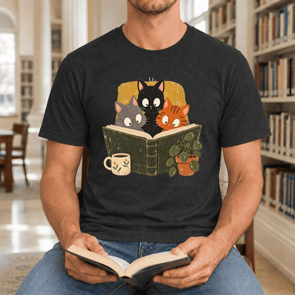 Curious Reading Cats Ultra-Soft Cotton T-Shirt | Cat Lover Reader Gift Black Heather