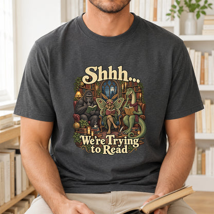 Shh... We Trying To Read Cotton T-Shirt | Midnight Reader Gift Dark Heather