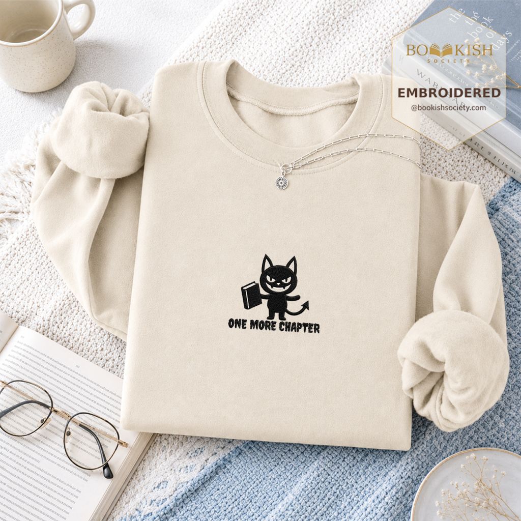 One More Chapter Devil Cat Embroidered Sweatshirt | Halloween Book Lover Gift Sand