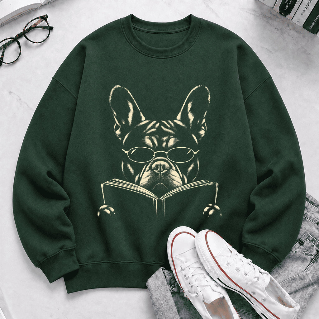 French Bulldog Reading Book Crewneck Sweatshirt | Reader Gift Forest Green