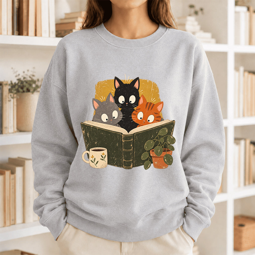 Minimal Japanese Cats Reading Crewneck Sweatshirt | Reader Gift Sport Grey