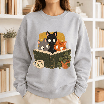 Minimal Japanese Cats Reading Crewneck Sweatshirt | Reader Gift Sport Grey