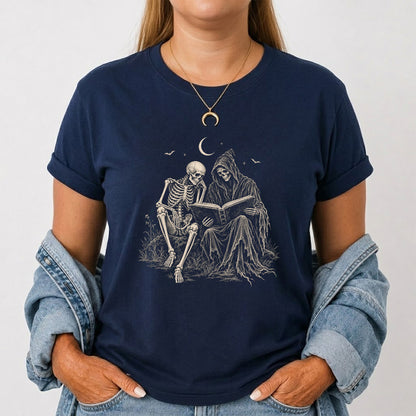 Halloween Reading Buddies Printed T-Shirt | Halloween Book Lover Gift Navy