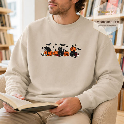 Black Cats And Halloween Embroidered Sweatshirt | Spooky Book Lover Gift Sand