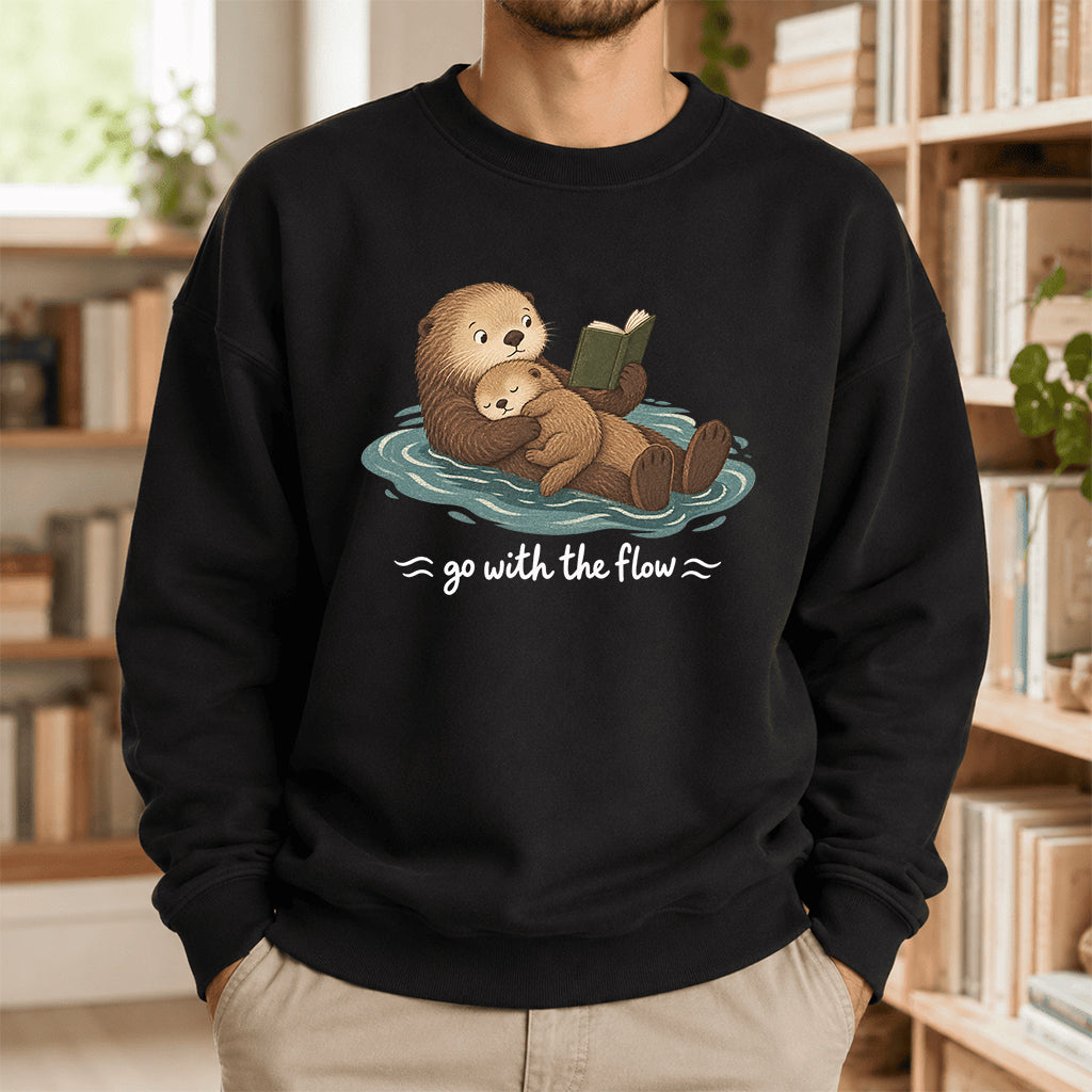 Go With The Flow Otter Reading Crewneck Sweatshirt | Reader Gift Black