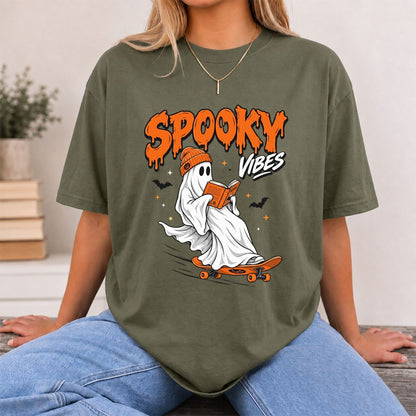 Spooky Vibes Printed T-Shirt | Halloween Book Lover Gift Military Green