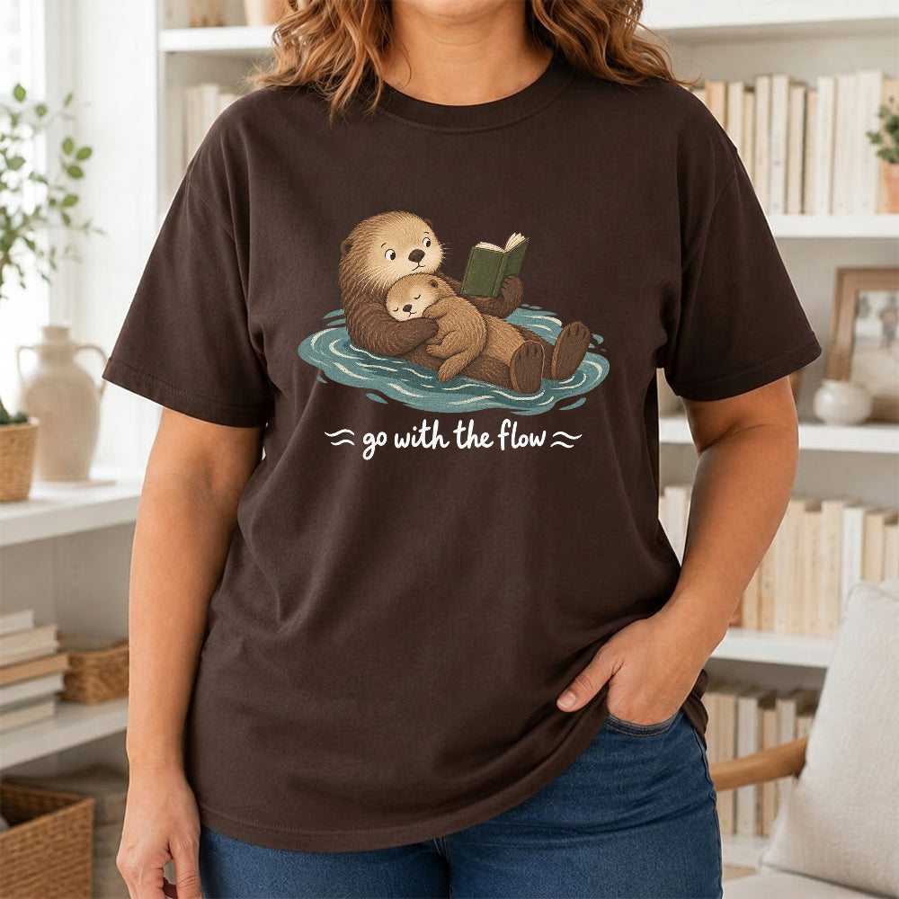 Go With The Flow Otter Reading Softstyle T-Shirt | Book Lover Gift Dark Chocolate