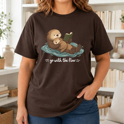 Go With The Flow Otter Reading Softstyle T-Shirt | Book Lover Gift Dark Chocolate