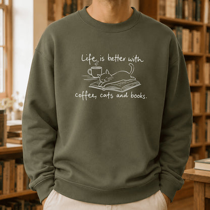 Funny Cats and Books Crewneck Sweatshirt | Reader Gift Military Green
