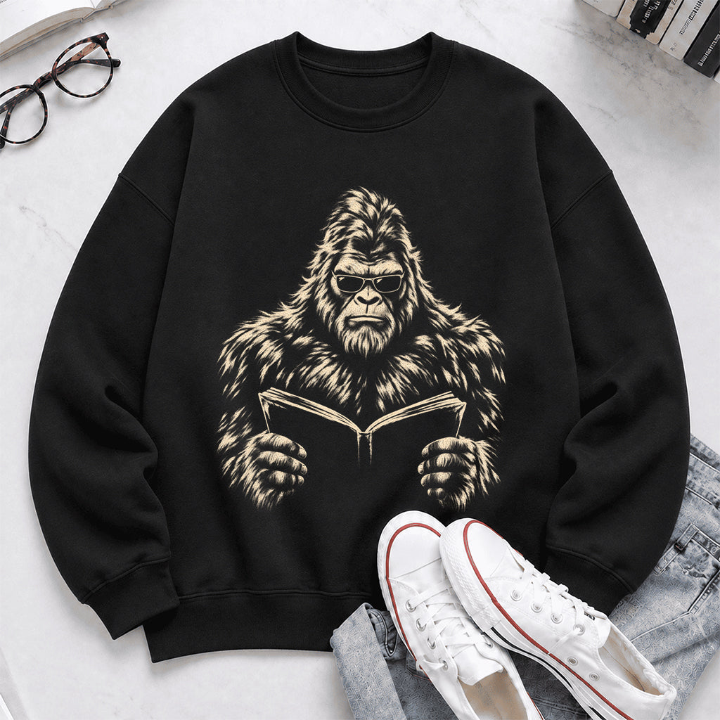 Big Foot Reading Book Crewneck Sweatshirt | Reader Gift Black