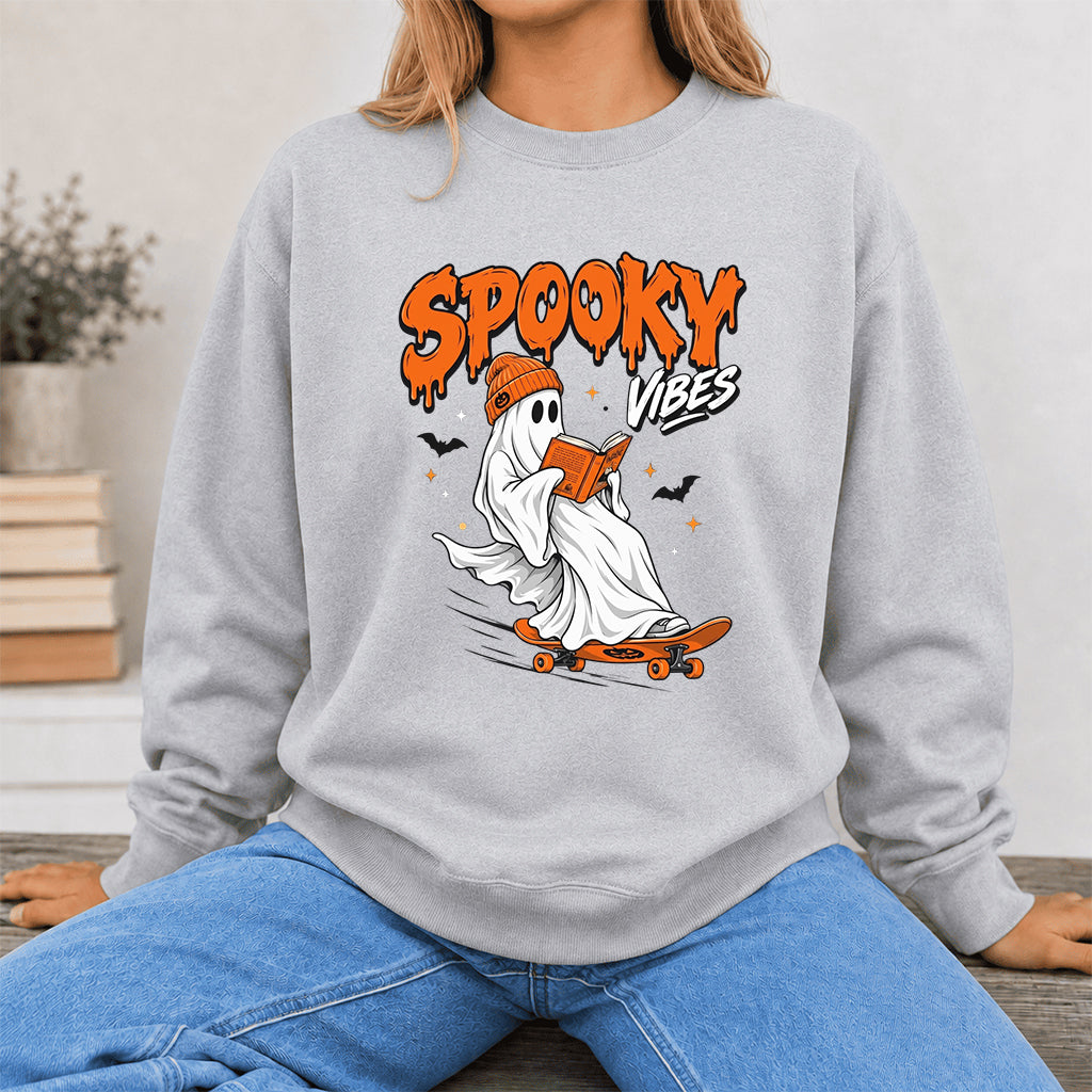 Spooky Vibes Printed Sweatshirt | Halloween Reader Gift Sport Grey