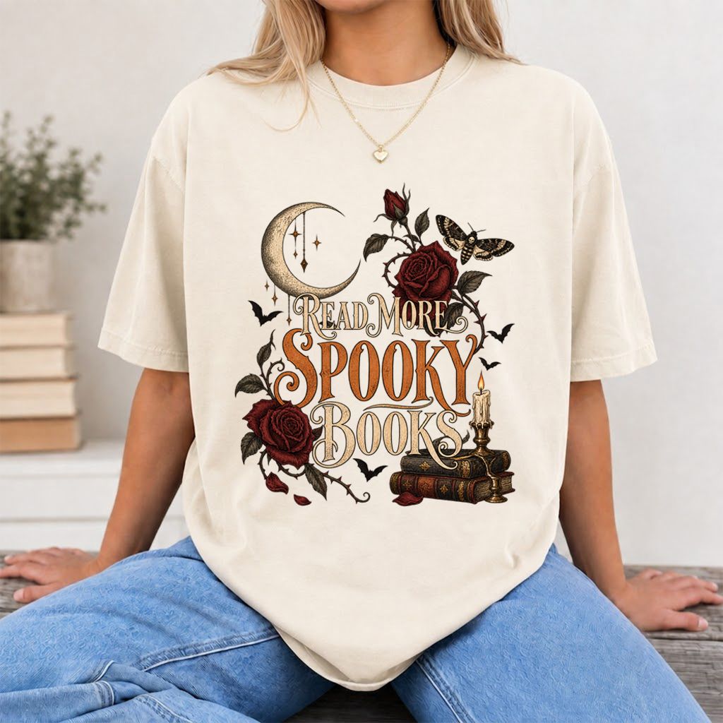 Read More Spooky Books Printed T-Shirt | Halloween Book Lover Gift Natural