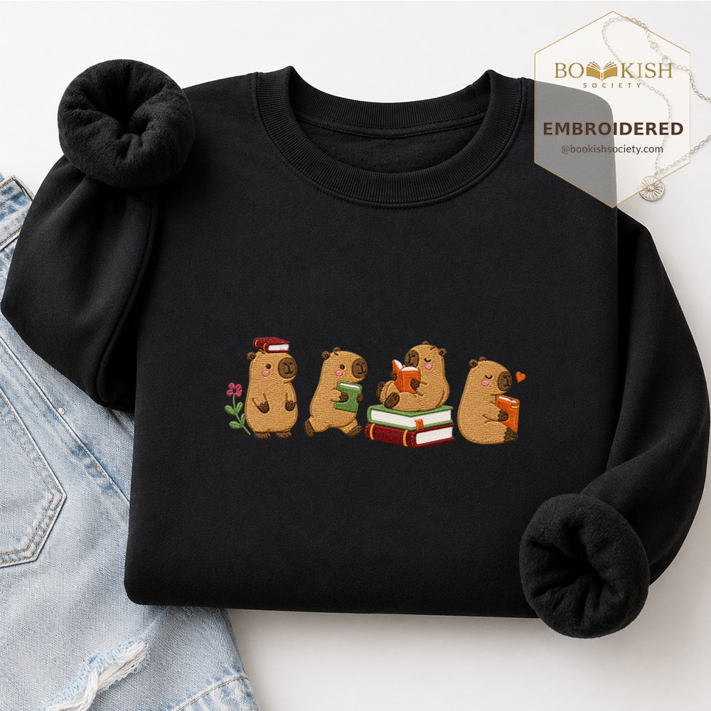Reading Capybaras Embroidered Sweatshirt | Reader Gift Black