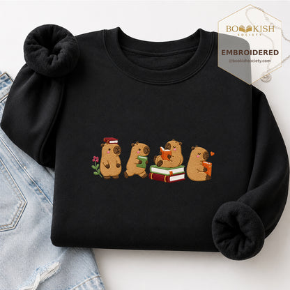 Reading Capybaras Embroidered Sweatshirt | Reader Gift Black
