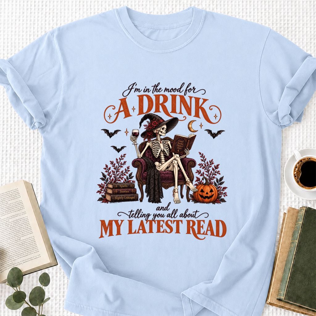 Telling You All About My Lastest Read Printed T-Shirt | Halloween Reader Gift Light Blue