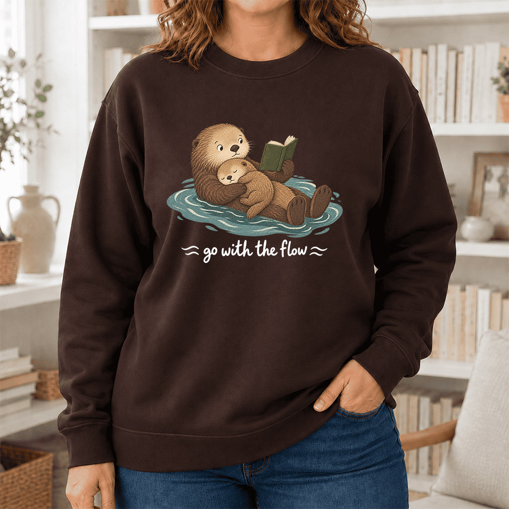 Go With The Flow Otter Reading Crewneck Sweatshirt | Reader Gift Dark Chocolate