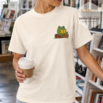 Embroidered Frog on Log Reading Book Comfort Color® T-shirt Book Lover Gift Ivory