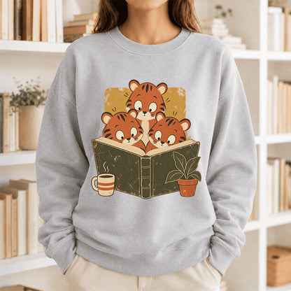 Minimal Japanese Tigers Reading Crewneck Sweatshirt | Reader Gift Sport Grey