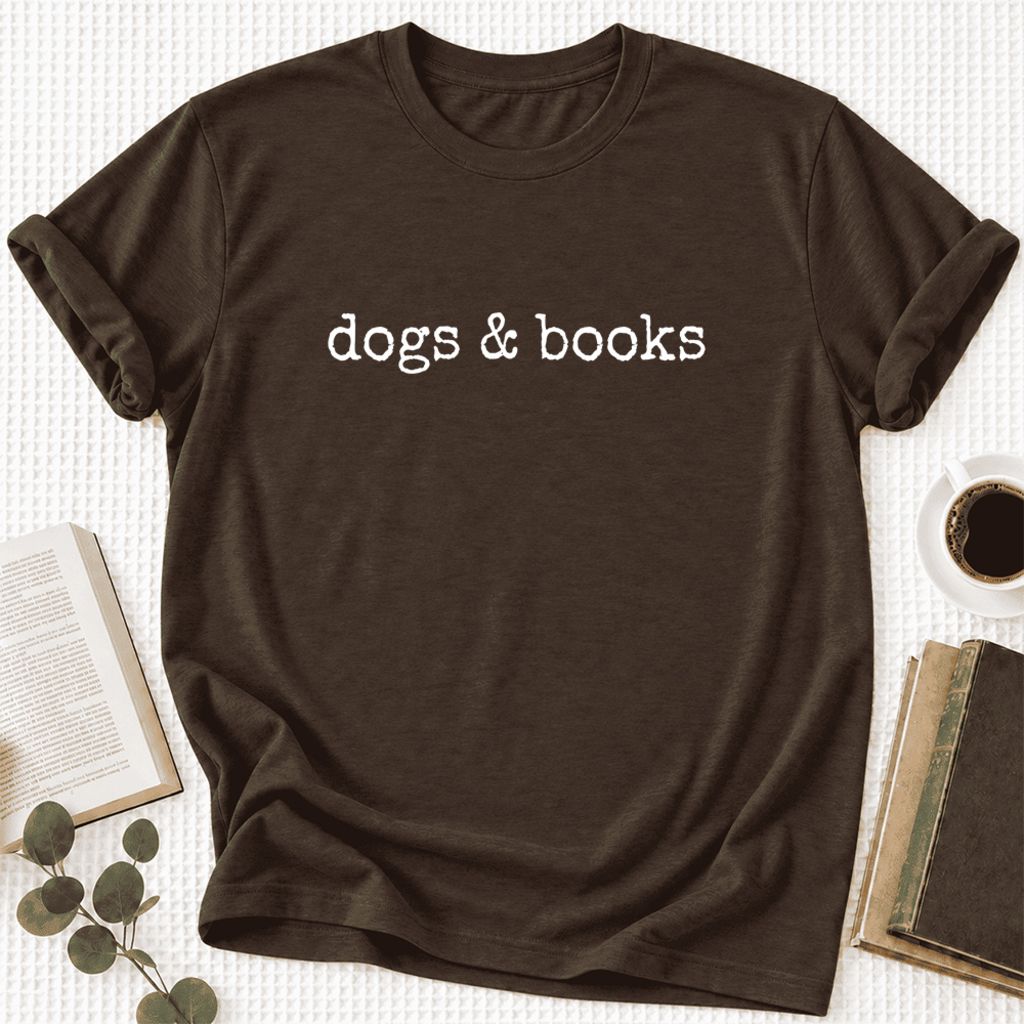 Dogs & Books Ultra-Soft Cotton T-Shirt | Dog Lover & Reader Gift Brown