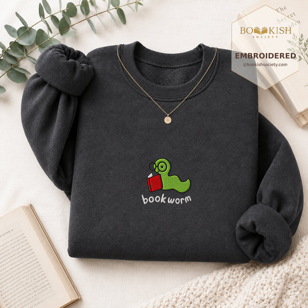 Bookworm Embroidered Sweatshirt | Reader Gift Dark Heather