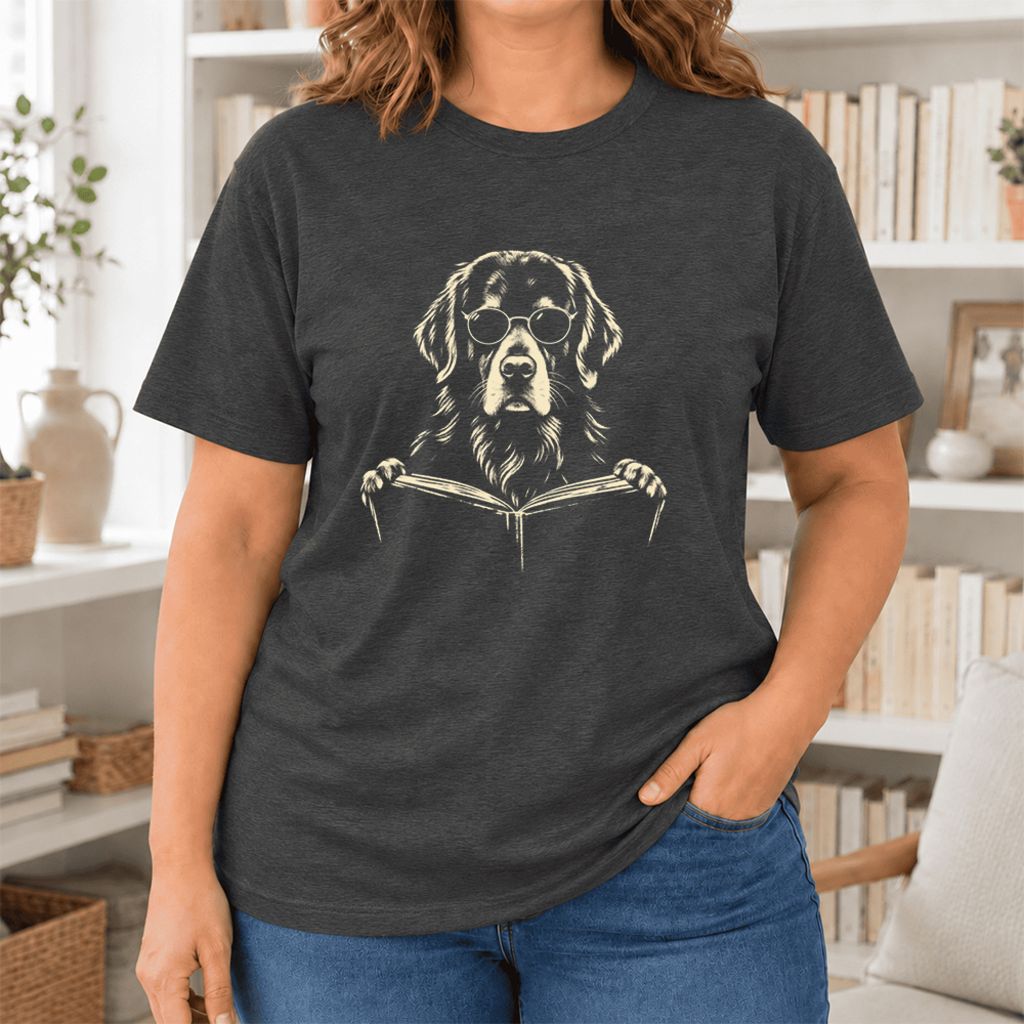Golden Retriever Reading Book Ultra-Soft Cotton T-Shirt | Dog Mom Reader Gift Dark Grey Heather