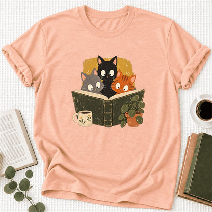 Curious Reading Cats Ultra-Soft Cotton T-Shirt | Cat Lover Reader Gift Heather Peach