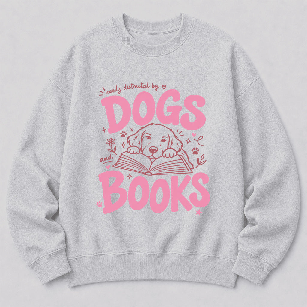 Easily Distracted By Dog And Books Crewneck Sweatshirt | Dog Lover & Reader Gift Sport Grey
