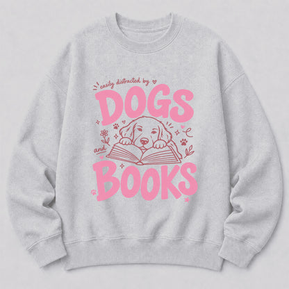 Easily Distracted By Dog And Books Crewneck Sweatshirt | Dog Lover & Reader Gift Sport Grey