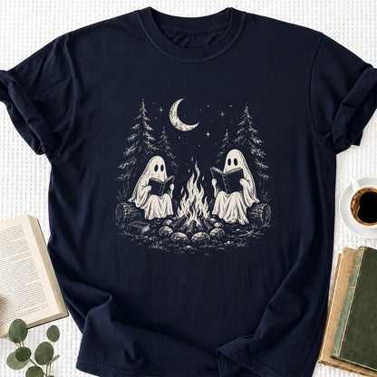 Camping Reading Ghosts Printed T-Shirt | Spooky Book Lover Gift Navy