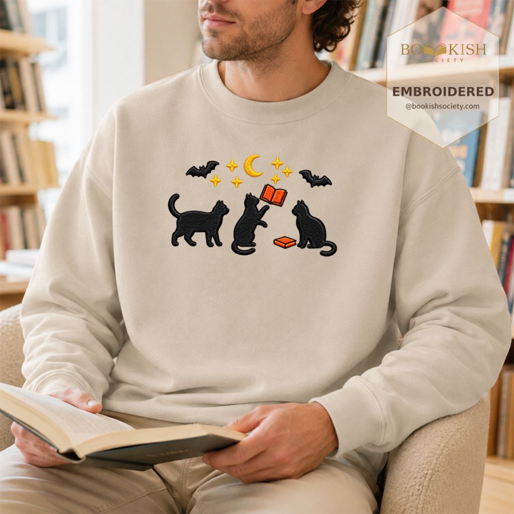 Black Cats With Books Embroidered Sweatshirt | Spooky Reader Gift Sand