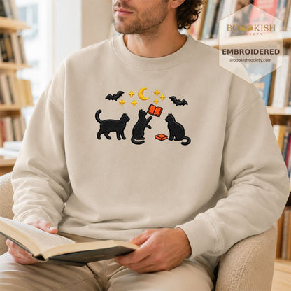 Black Cats With Books Embroidered Sweatshirt | Spooky Reader Gift Sand