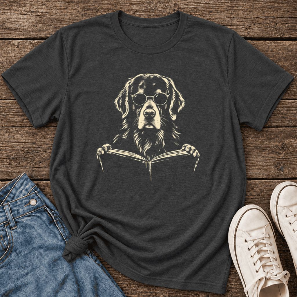 Golden Retriever Reading Book Ultra-Soft Cotton T-Shirt | Dog Mom Reader Gift Dark Grey Heather