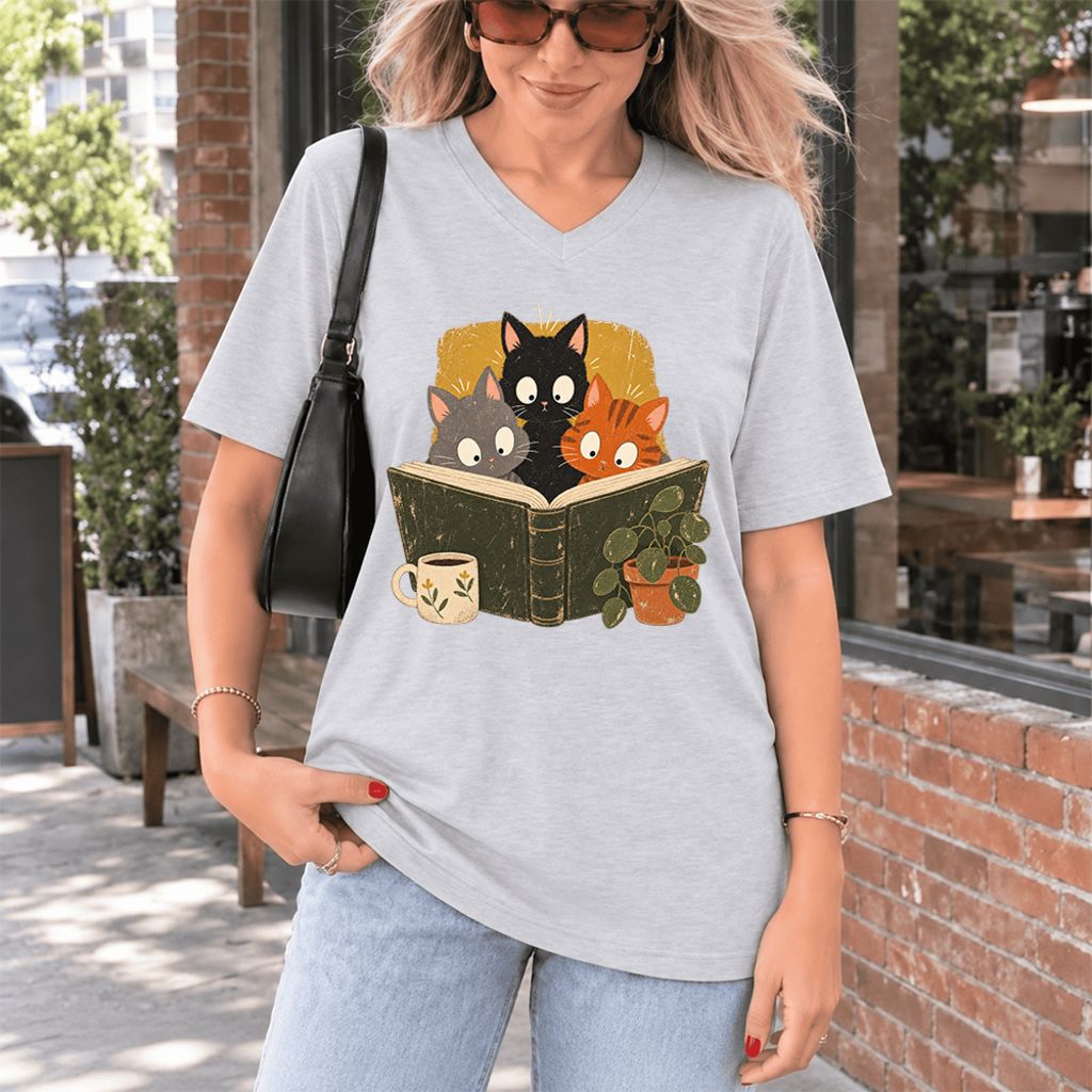 Curious Reading Cats Ultra-Soft V-Neck | Cat Lover Reader Gift Ash