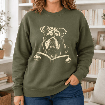 Bulldog Reading Book Crewneck Sweatshirt | Reader Gift Military Green
