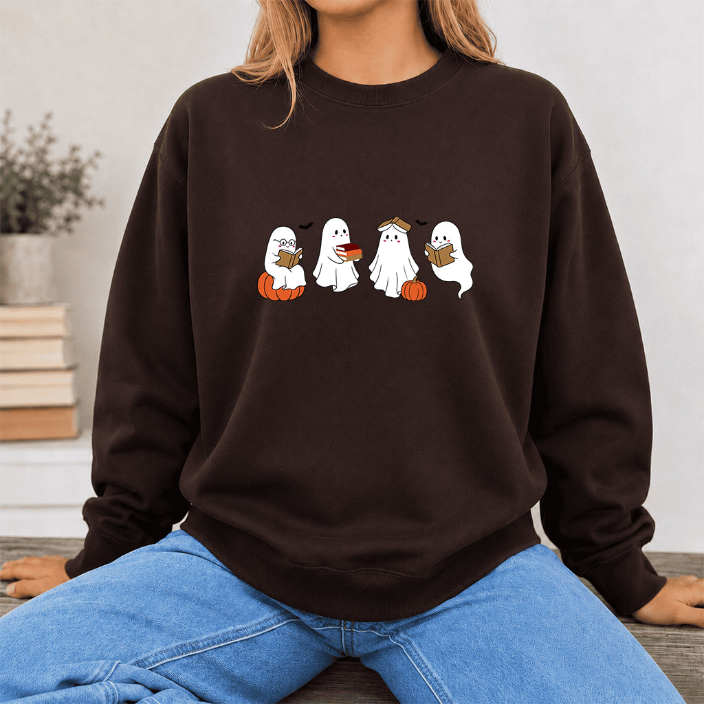 Halloween Ghosts Reading Printed Sweatshirt | Spooky Book Lover Gift Dark Chocolate