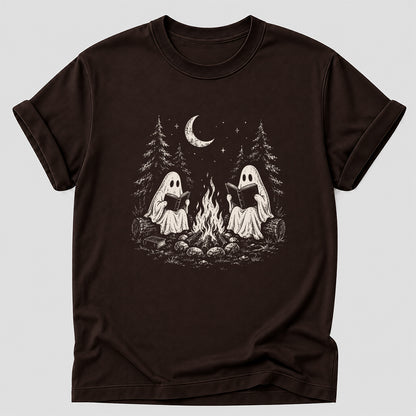 Camping Reading Ghosts Printed T-Shirt | Spooky Book Lover Gift Dark Chocolate
