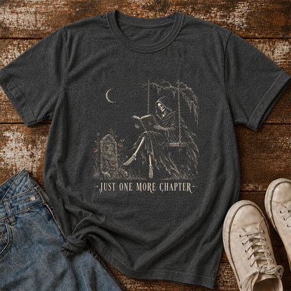 Just One More Chapter Grim Reaper Printed T-Shirt | Spooky Halloween Reader Gift Dark Heather