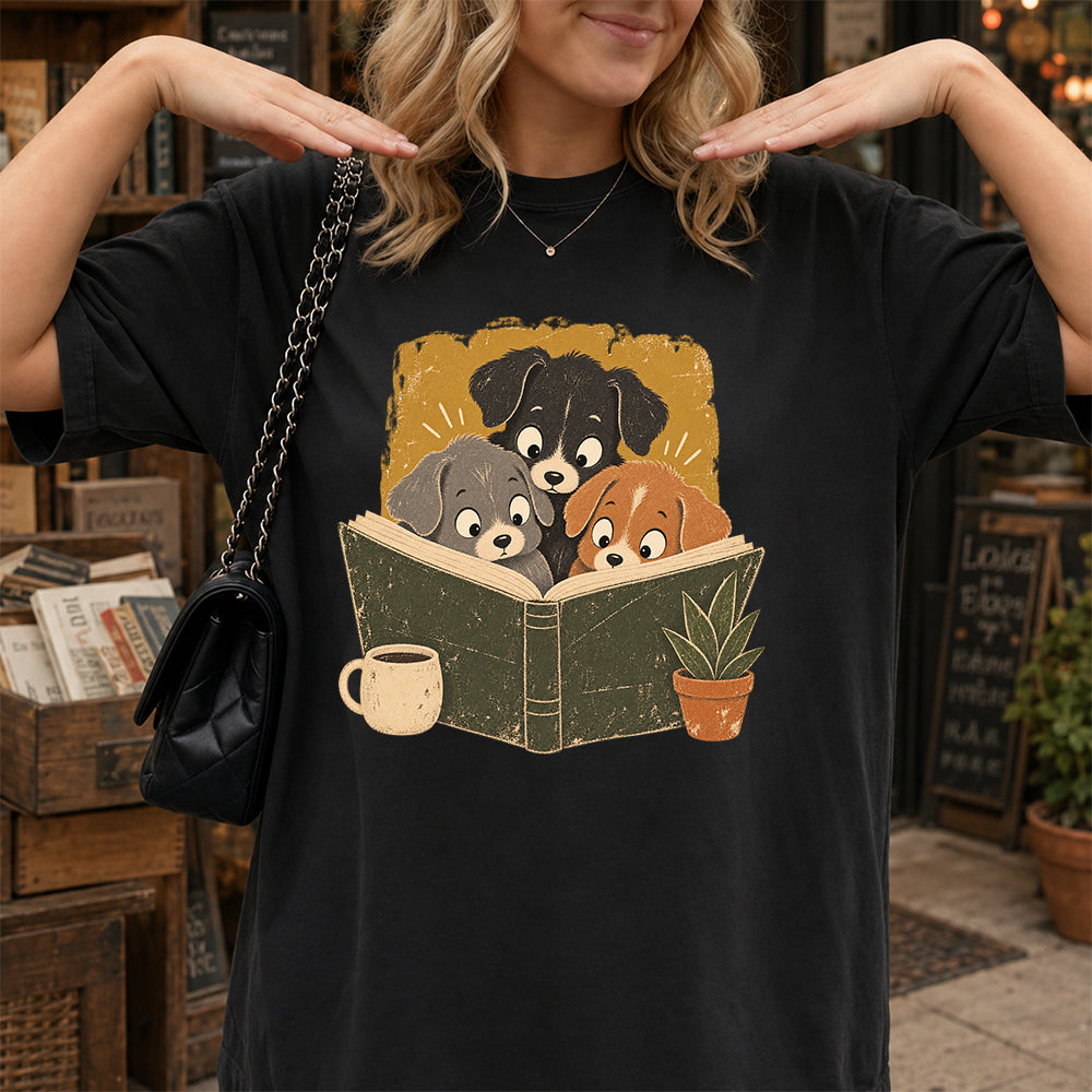 Minimal Japanese Dogs Reading Softstyle T-Shirt | Book Lover Gift Black