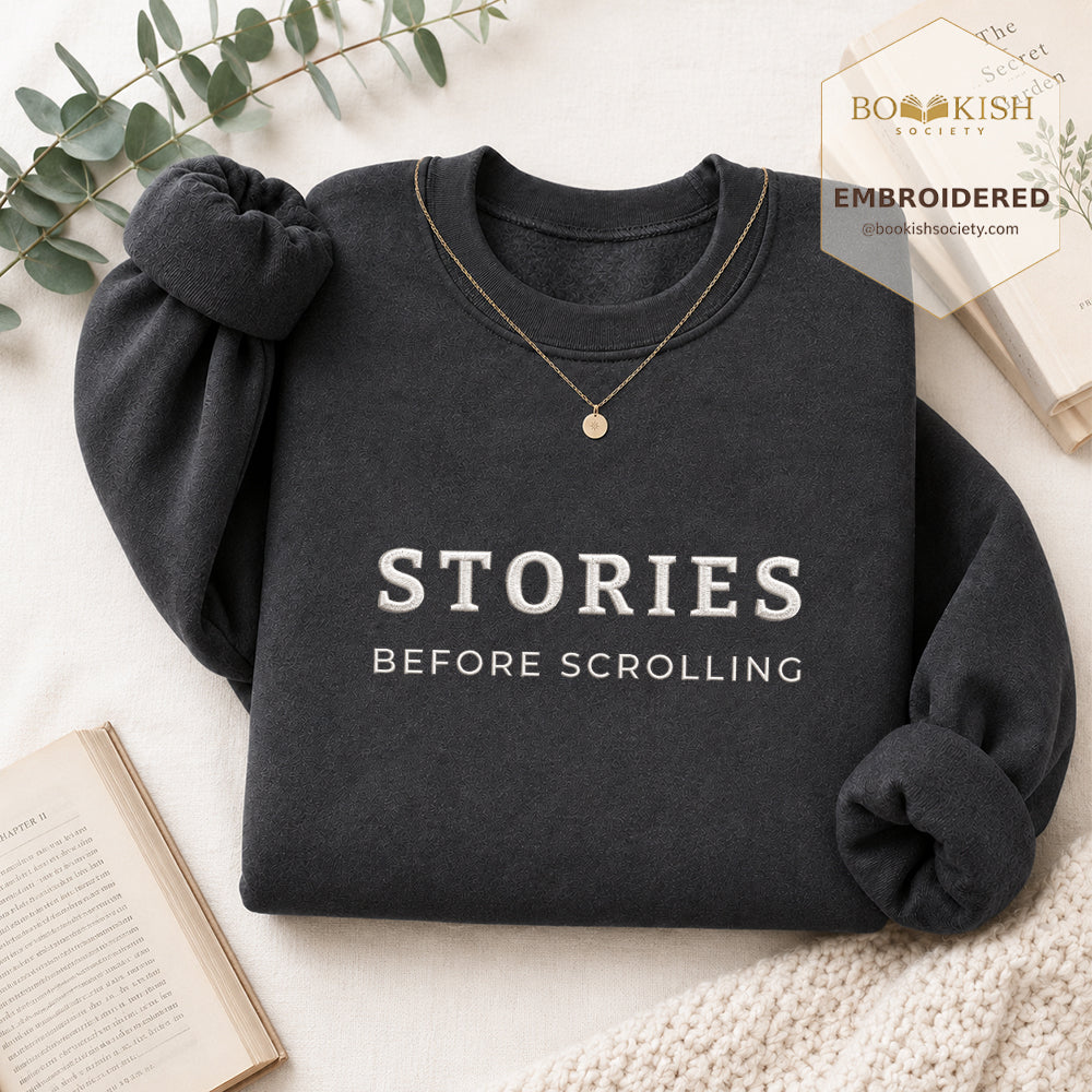 Stories Before Scrolling Embroidered Sweatshirt | Reader Gift Dark Heather