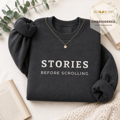 Stories Before Scrolling Embroidered Sweatshirt | Reader Gift Dark Heather