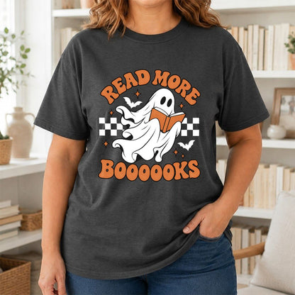 Read More Books Flying Ghost Printed T-Shirt | Halloween Book Lover Gift Dark Heather