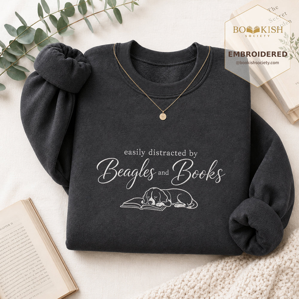 Easily Distracted By Beagles And Books Embroidered Sweatshirt | Dog Lover & Reader Gift Dark Heather
