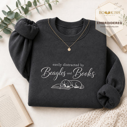 Easily Distracted By Beagles And Books Embroidered Sweatshirt | Dog Lover & Reader Gift Dark Heather