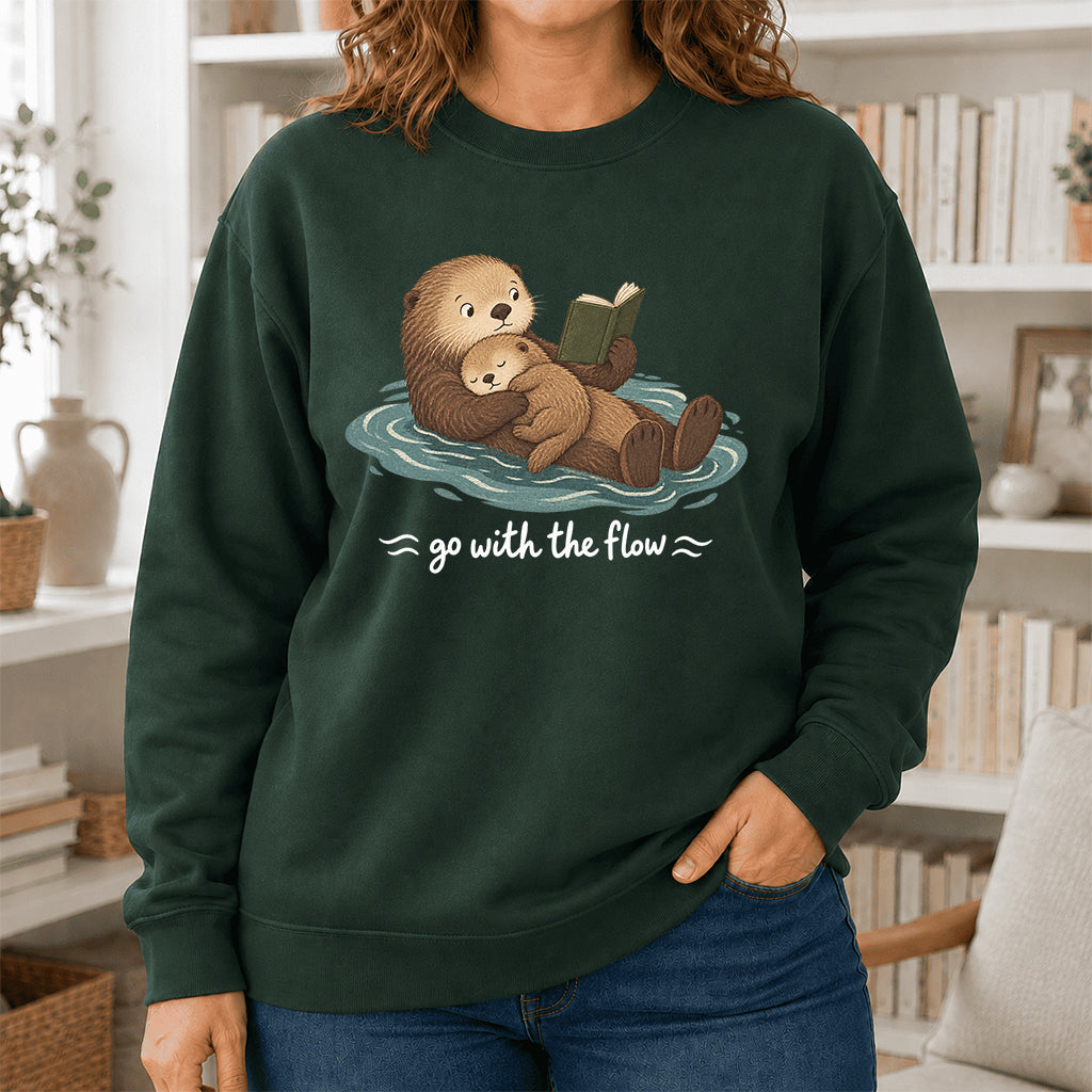 Go With The Flow Otter Reading Crewneck Sweatshirt | Reader Gift Forest Green