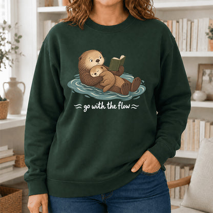 Go With The Flow Otter Reading Crewneck Sweatshirt | Reader Gift Forest Green