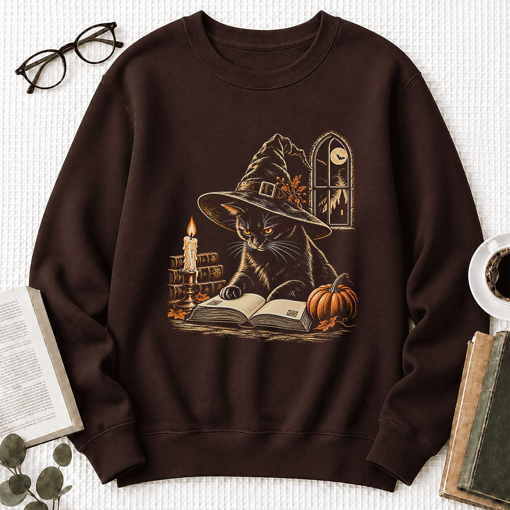 Reading Black Cat Witch Printed Sweatshirt | Halloween Book Lover Gift Dark Chocolate
