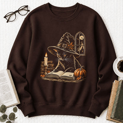 Reading Black Cat Witch Printed Sweatshirt | Halloween Book Lover Gift Dark Chocolate