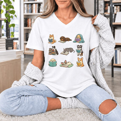 Funny Reading Dogs Ultra-Soft V-Neck | Dog Mom Reader Gift White
